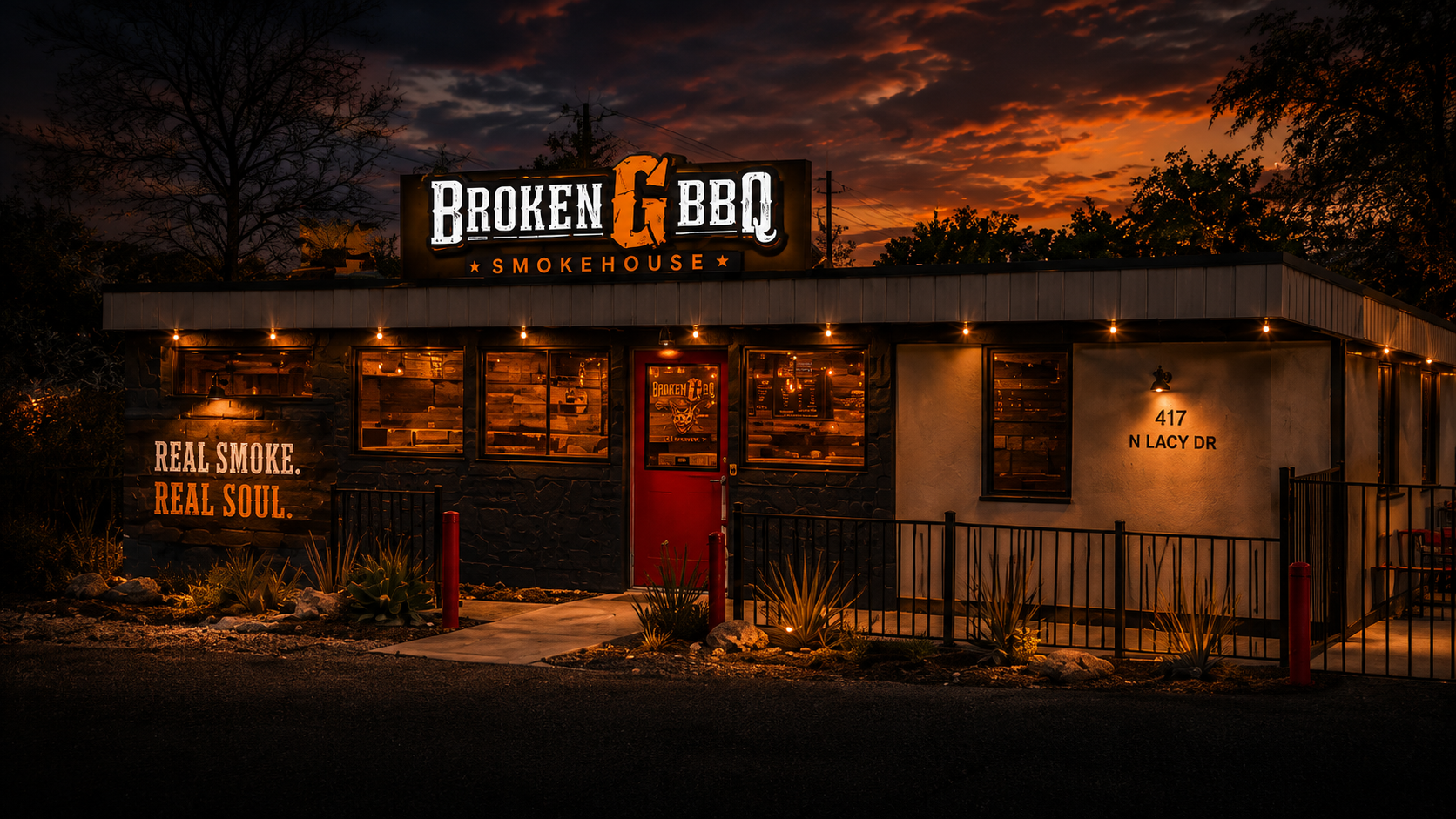 Broken G BBQ storefront at dusk