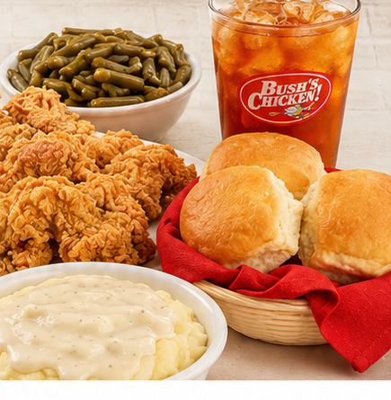 Bush's Chicken tenders, tea, biscuits, green beans and mashed potatoes