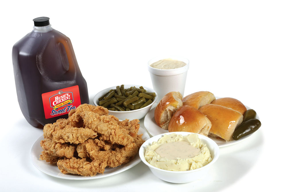 Bush's Chicken tenders, tea, rolls, green beans, and mashed potatoes