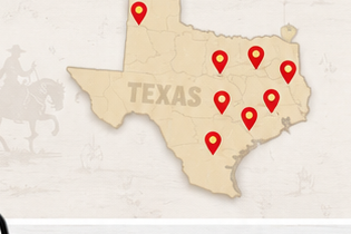 Map of Texas with Bush's Chicken location markers