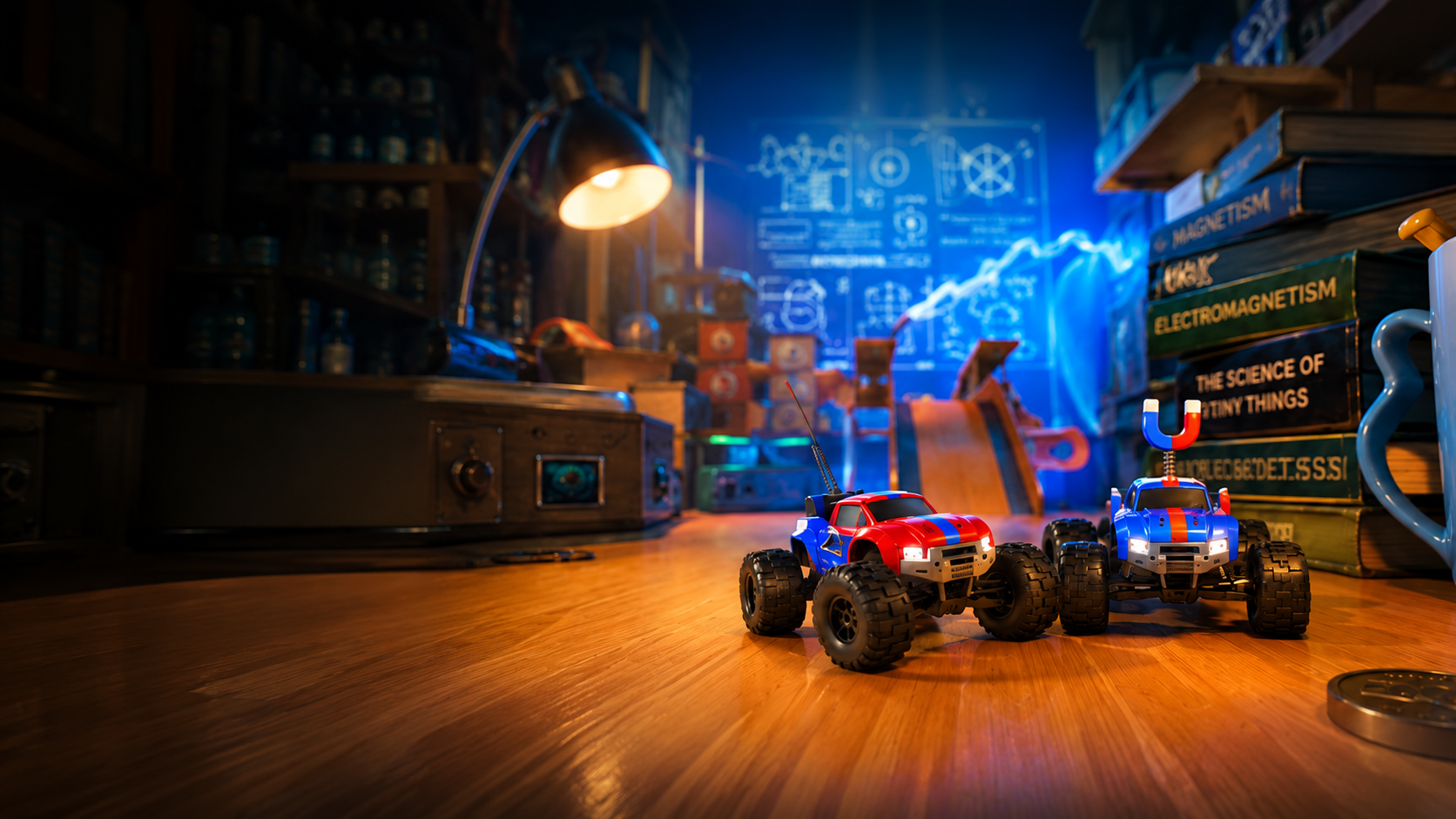 Two tiny RC cars exploring a giant lab